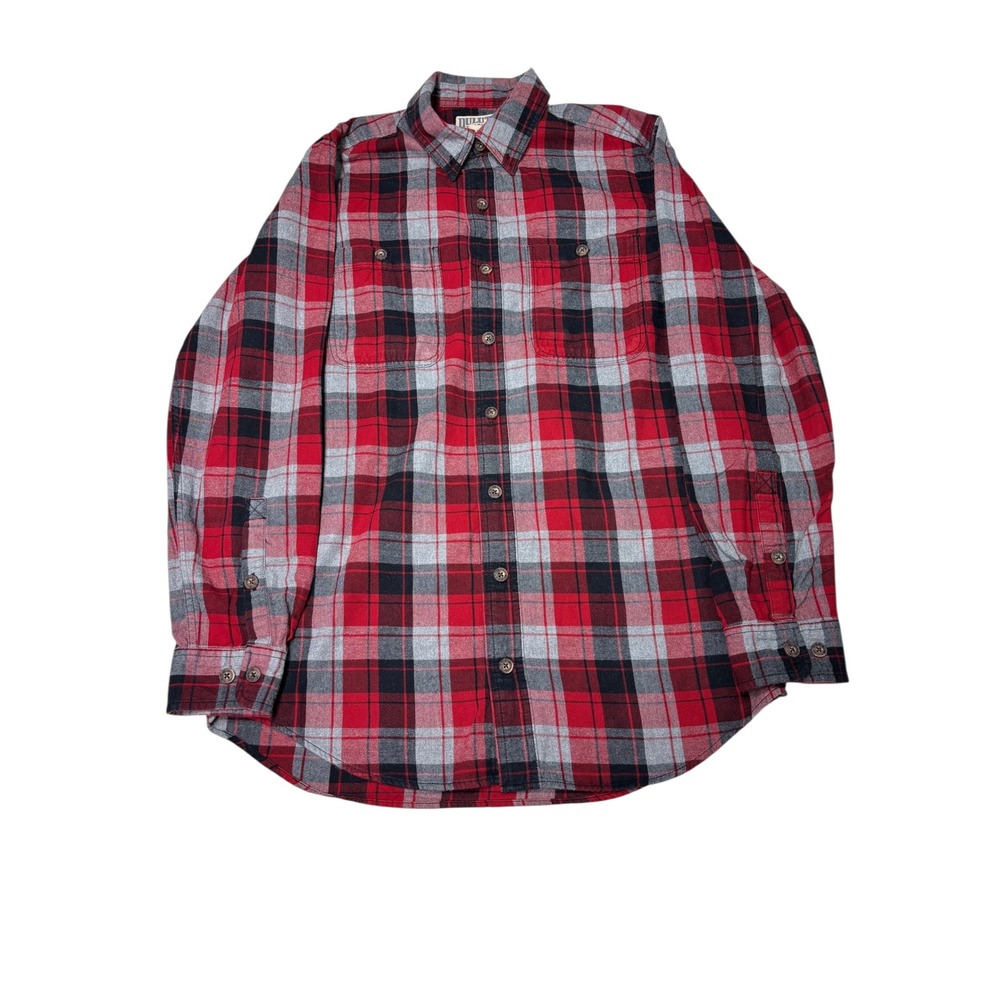 Duluth Trading Co. Mens Flannel Shirt L Tall Red Gray Black Plaid Trim Fit